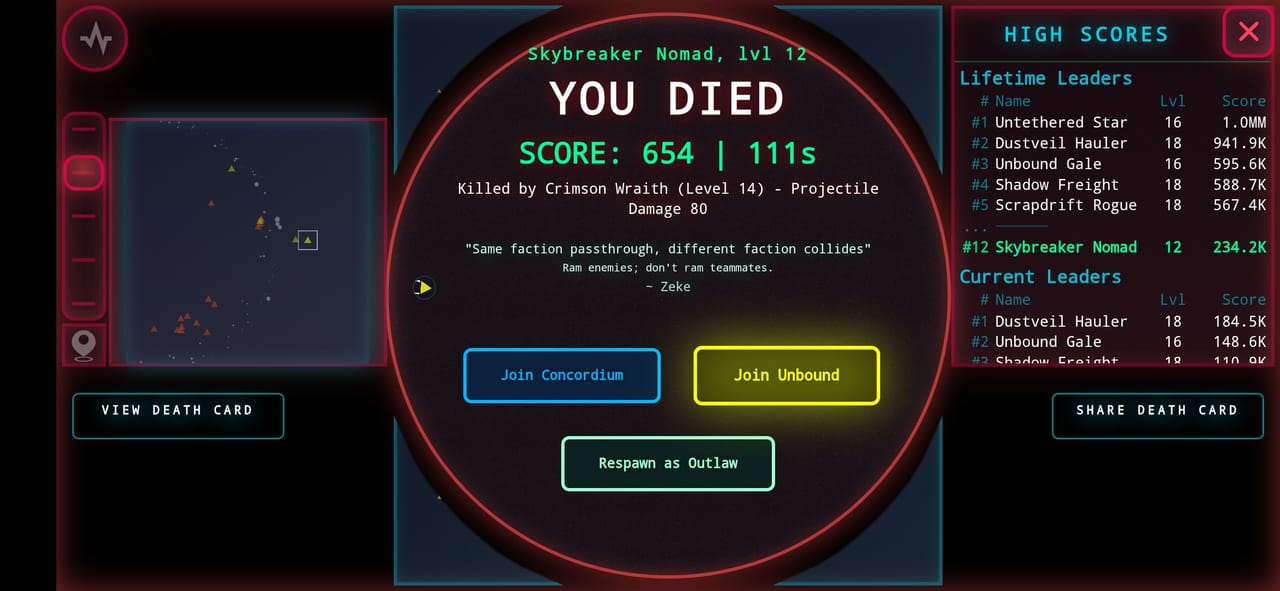 Asteroid Dominion death screen and the High Scores leaderboard — Lifetime and Current leaders with ship names, levels, and scores