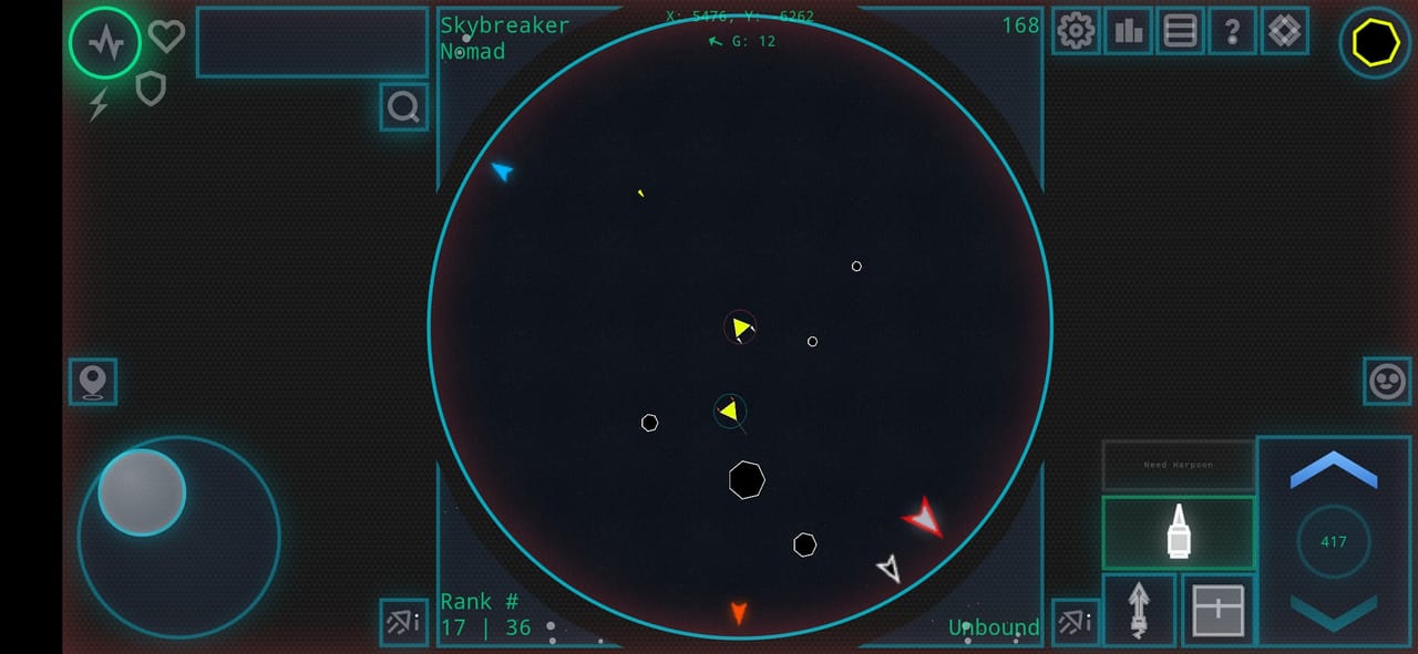 Asteroid Dominion gameplay — flying alongside an allied ship as a red enemy closes in, with the live HUD and galaxy minimap