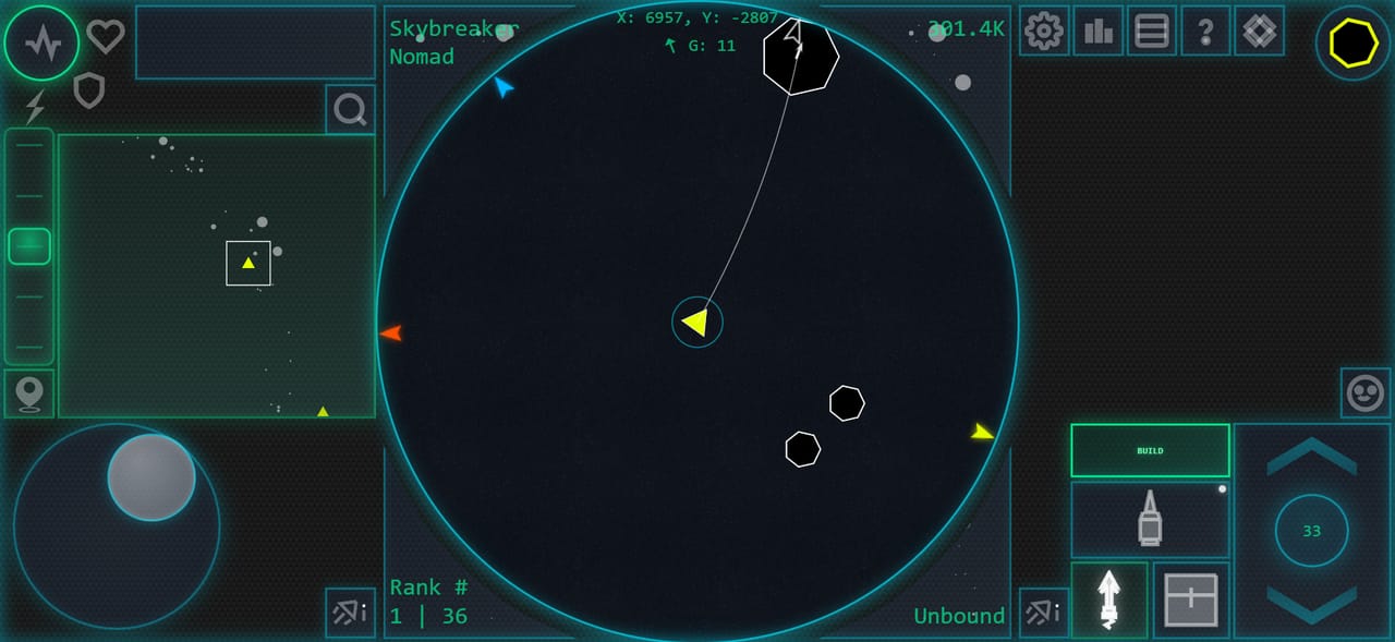 Asteroid Dominion gameplay — your ship harpooning an asteroid, with the full HUD and minimap