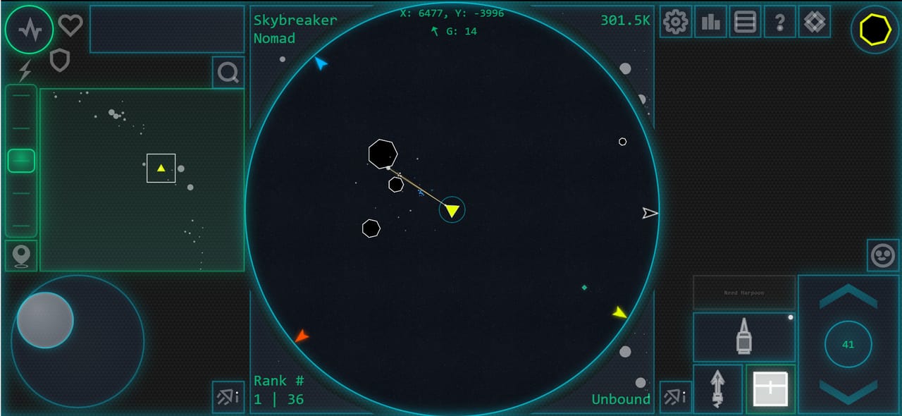 Flying the persistent galaxy in Asteroid Dominion with the live HUD and drifting asteroids
