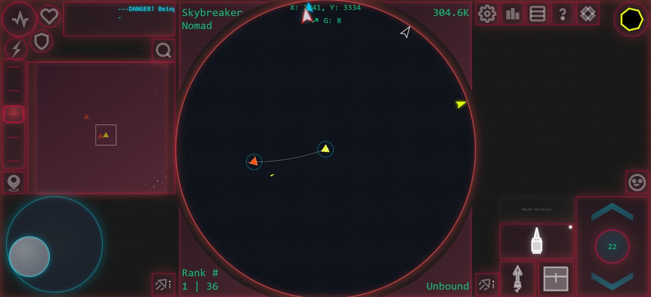 Combat in Asteroid Dominion — harpooning an enemy ship during a red danger event