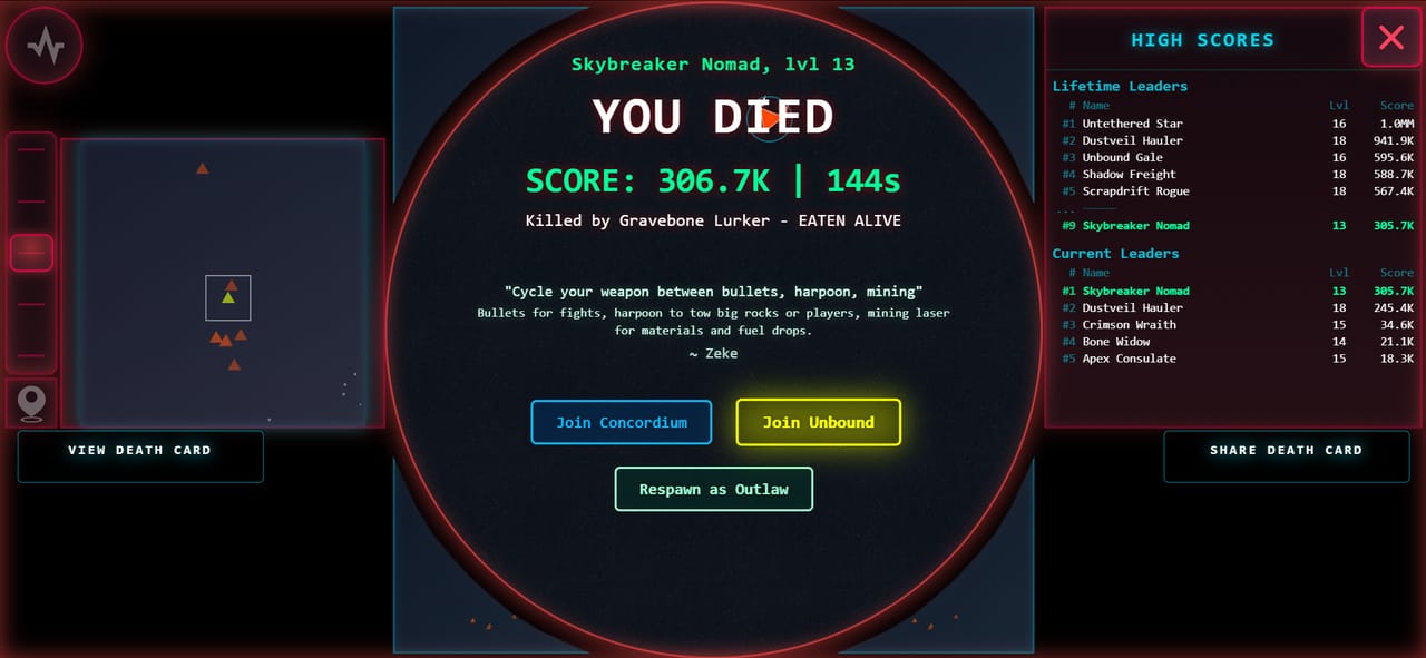 Asteroid Dominion death screen (YOU DIED) — killed by a Bone Collectors ship, with faction respawn buttons and the High Scores leaderboard