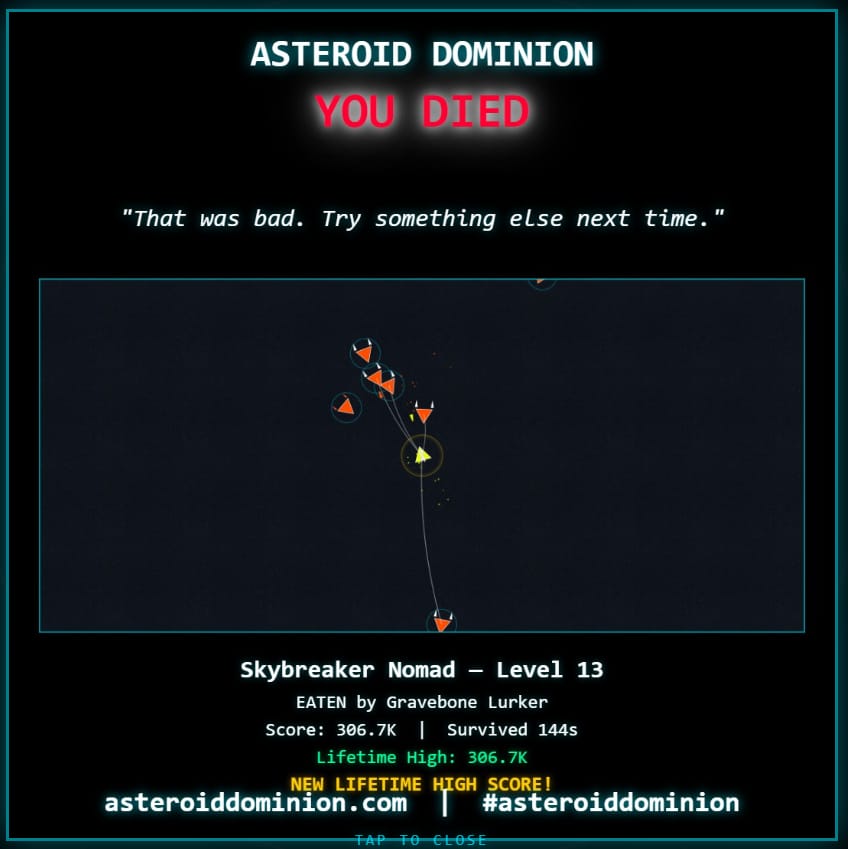 A shareable Asteroid Dominion death card showing the final score