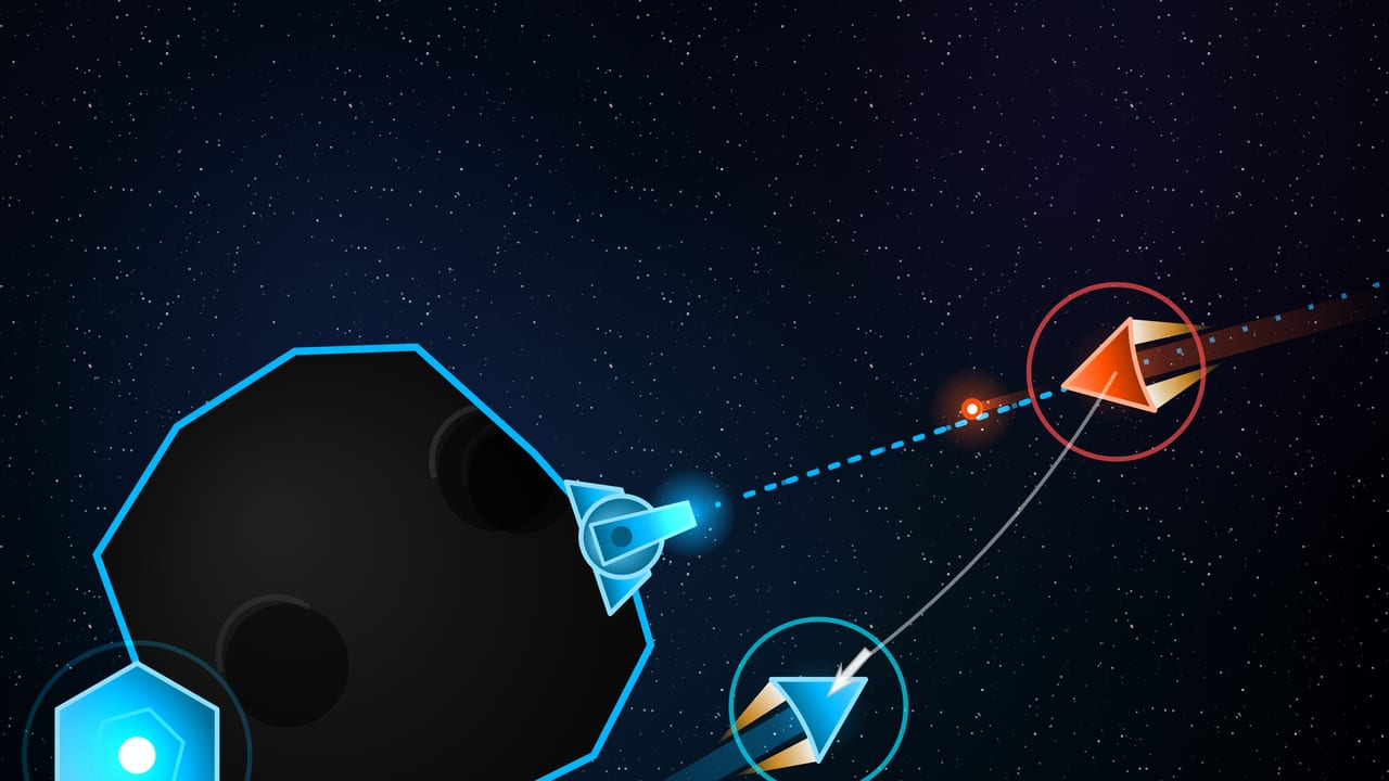 An anti-air turret on a claimed asteroid firing its dashed beam at an intruding ship, with the wind-up telegraph line visible