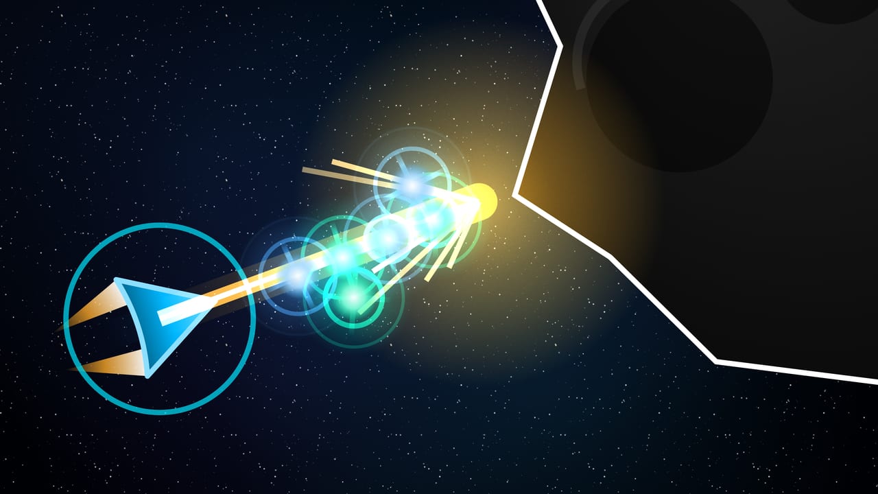 Close-up of a mining beam cutting into the surface of a giant asteroid, with fuel and material Ion Cell drops streaming back toward the ship