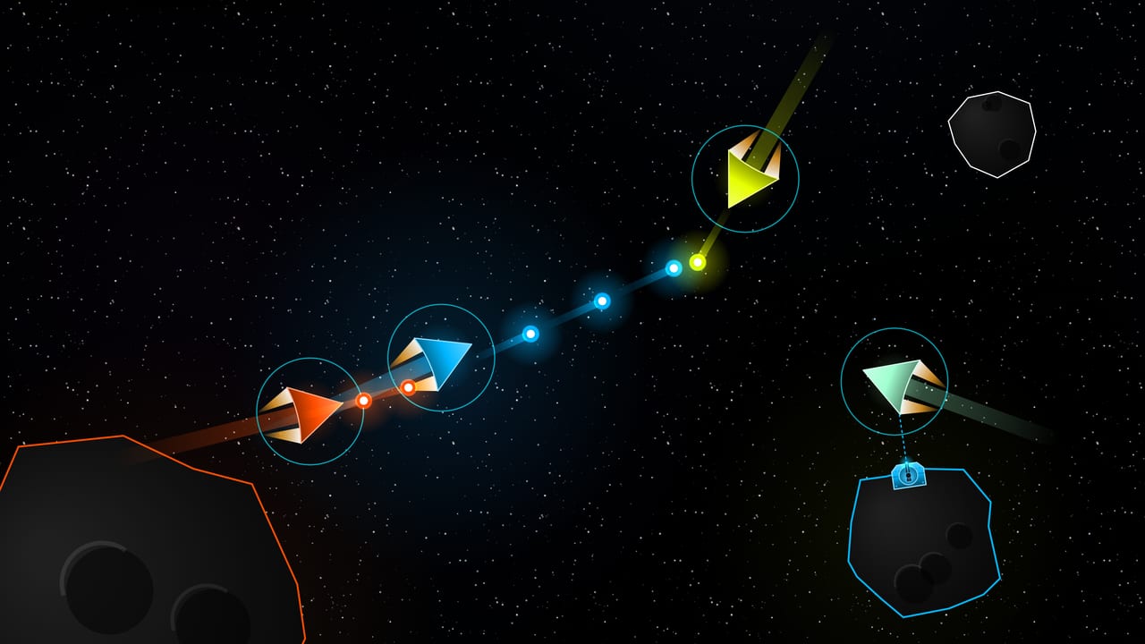 Four faction ships clash in deep space: a cyan Concordium fighter leads with ion-pulse fire as orange, yellow and green rivals close in around a claimed asteroid
