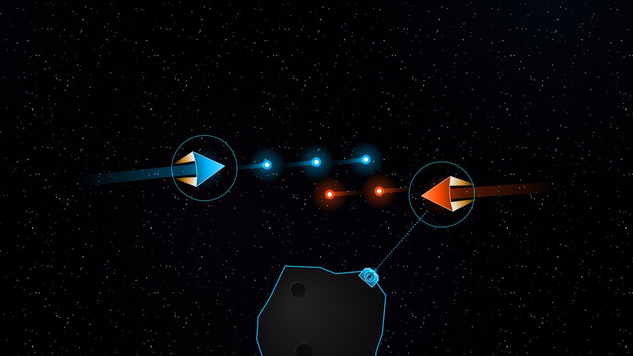 Two ships trading ion-pulse fire across an asteroid field