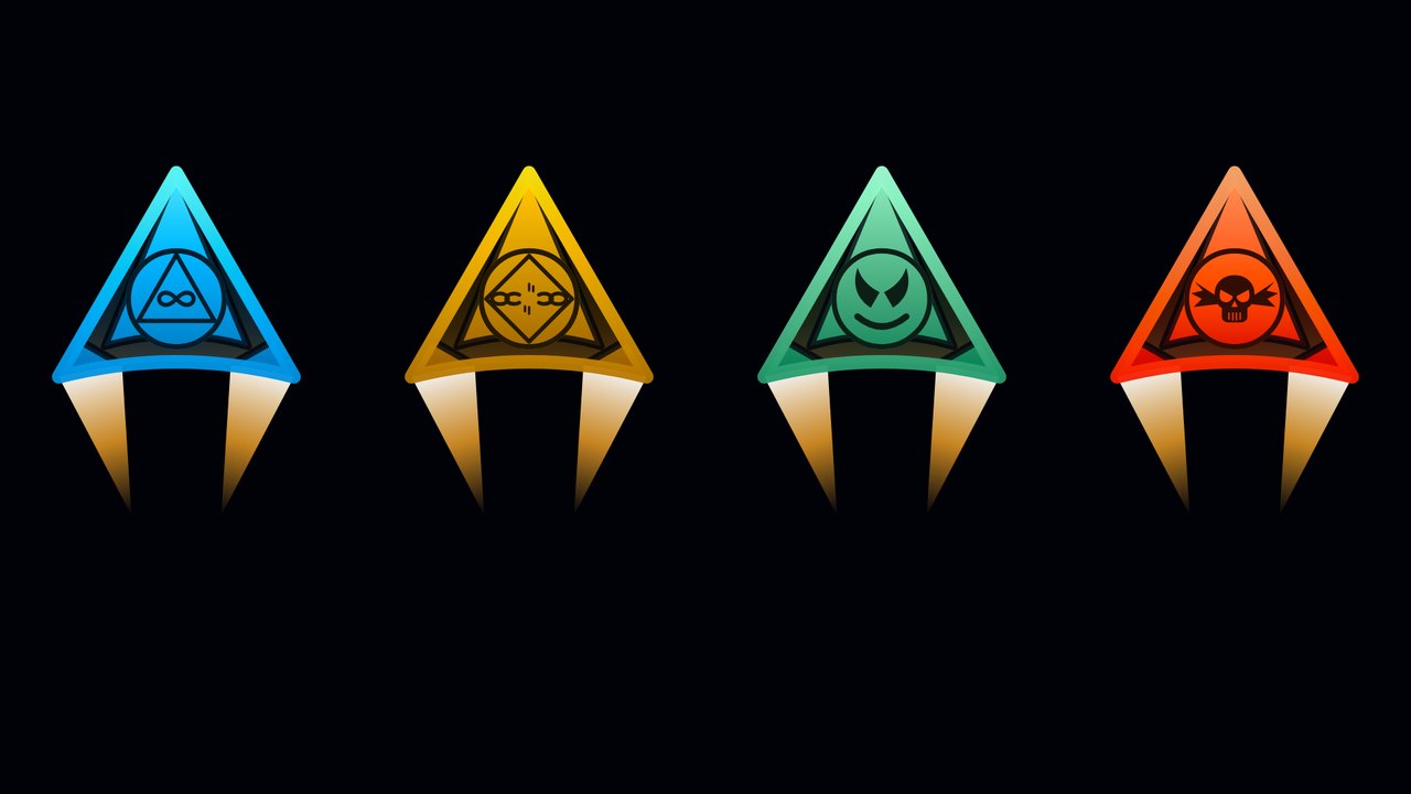 Ships from all four factions side by side, each with its own hull and badge