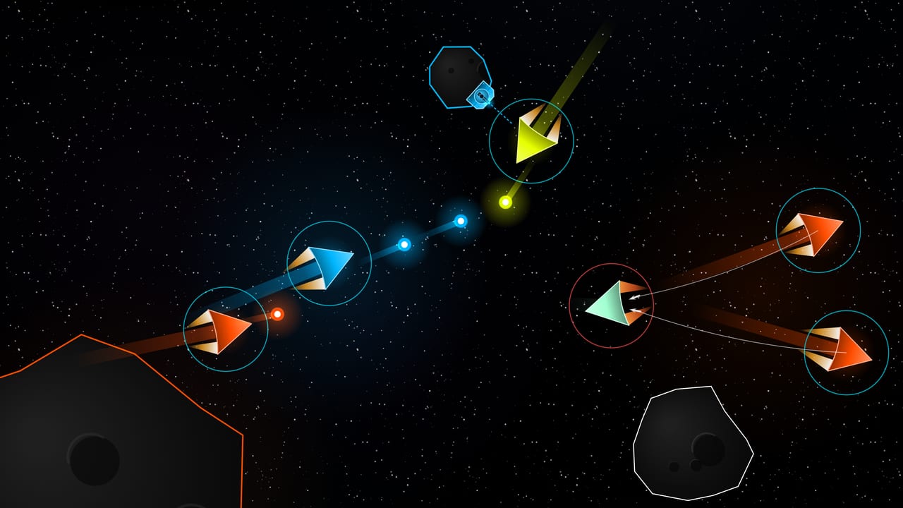 All four factions in battle - cyan Concordium, yellow Unbound and orange Bone Collectors clash while two Bone Collectors harpoon a ghost-green Outlaw and haul it away