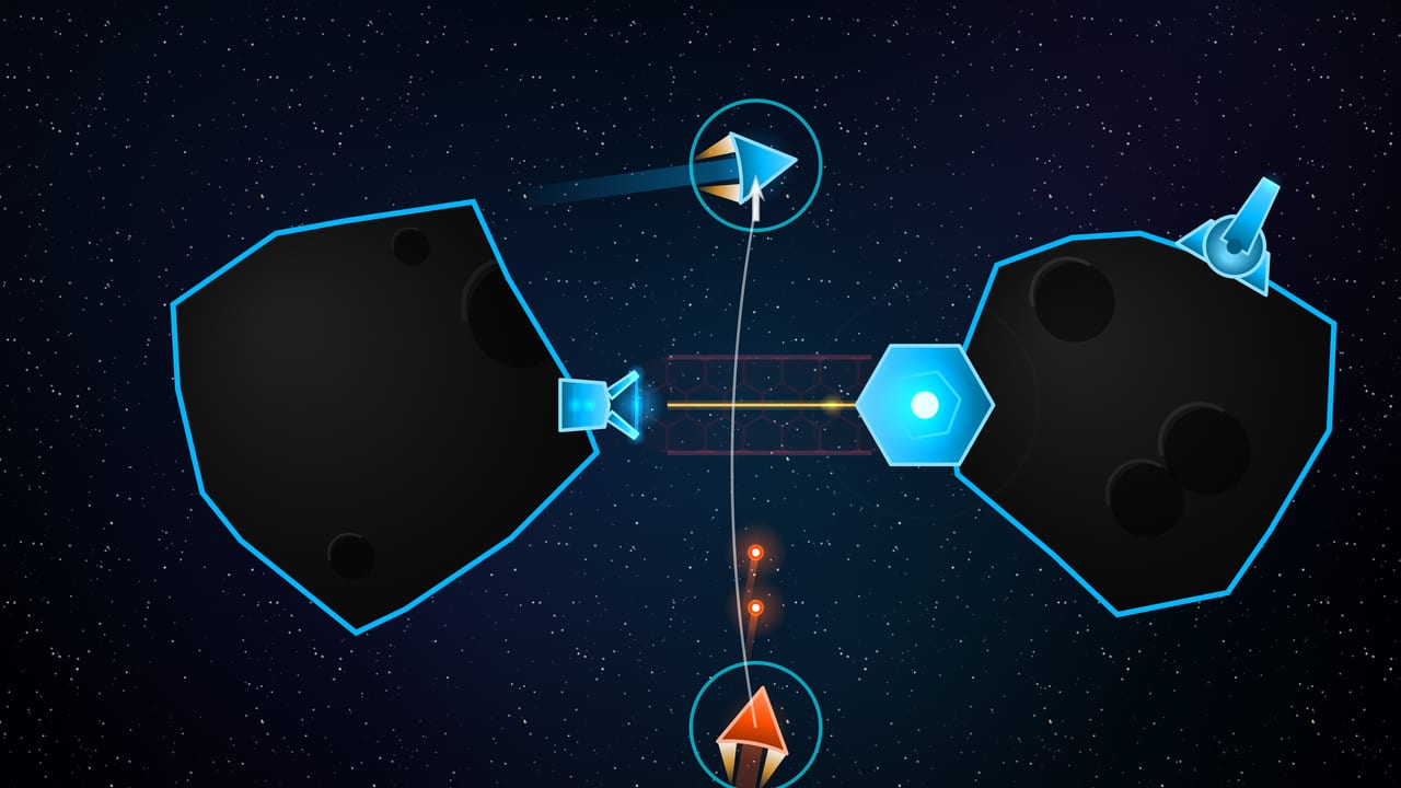 A Gate structure linking two claimed asteroids with a glowing hexagonal shield wall spanning the gap between their rims