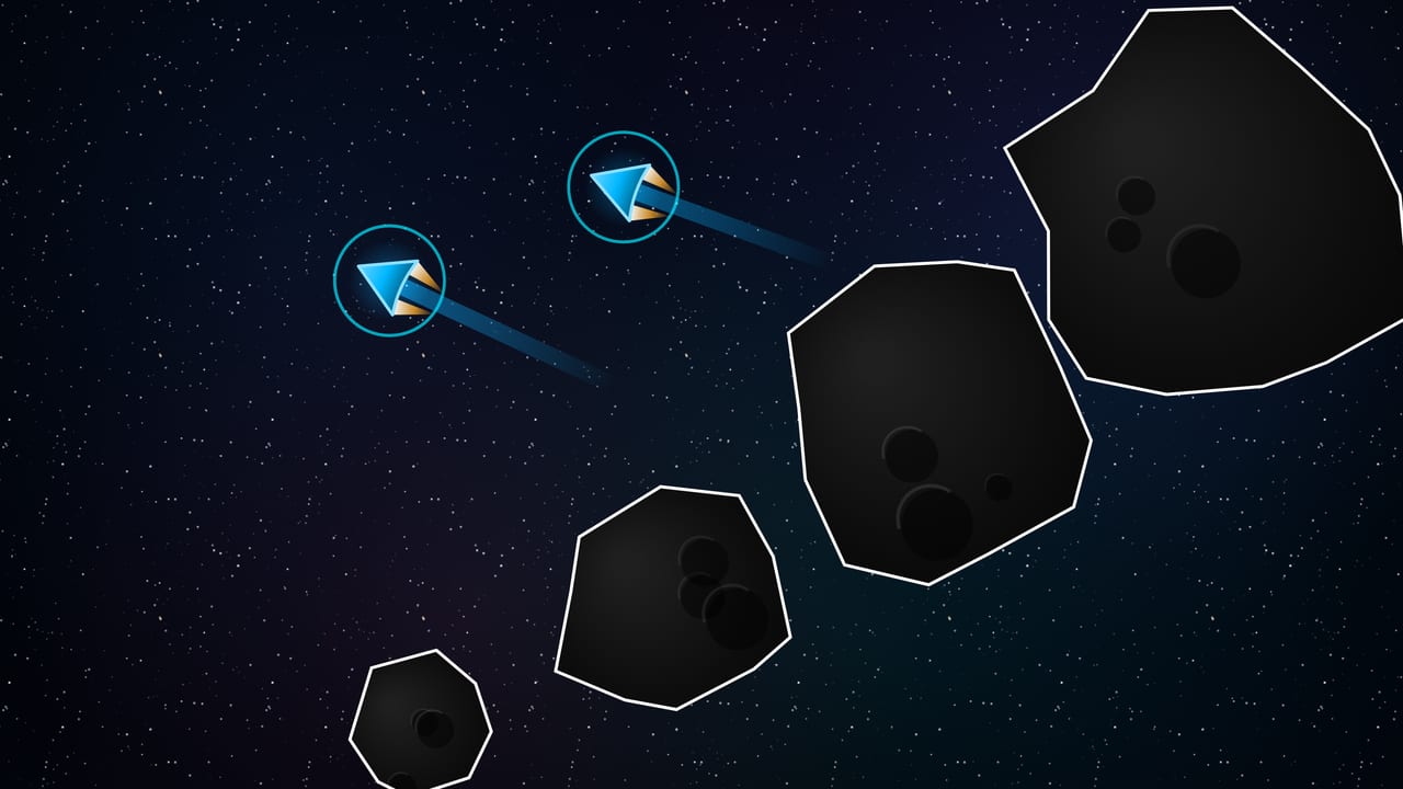 A drifting line of asteroids pulled across space during a gravity surge, with two Concordium ships burning hard against the drift