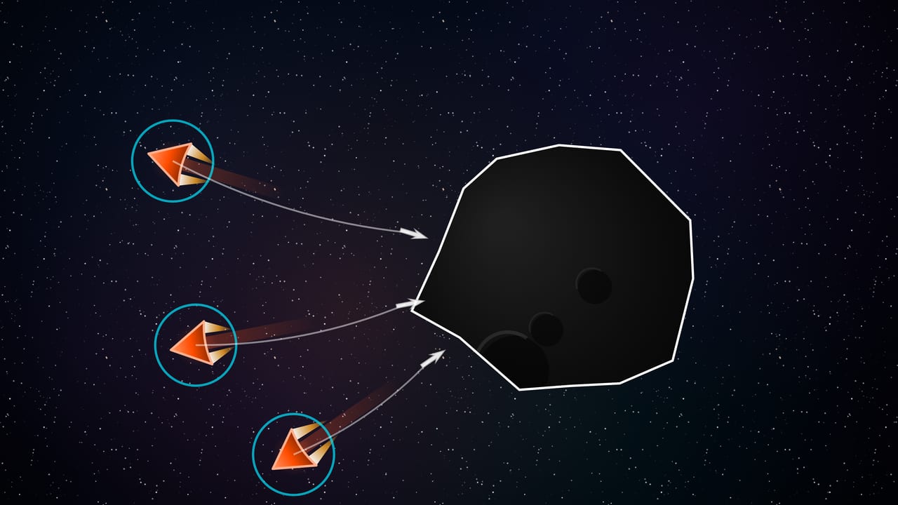 Three Bone Collector ships hauling a captured asteroid home together on harpoon ropes