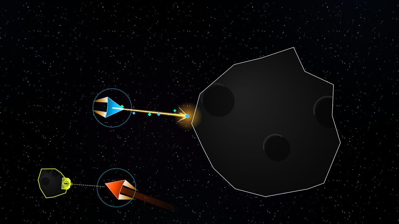 A ship cutting into a giant asteroid with a mining beam as fuel and material loot stream back