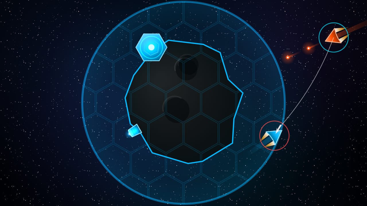 A hex-patterned shield dome covering a claimed asteroid base, with a friendly ship sheltering inside the bubble while enemy ion fire dies against it