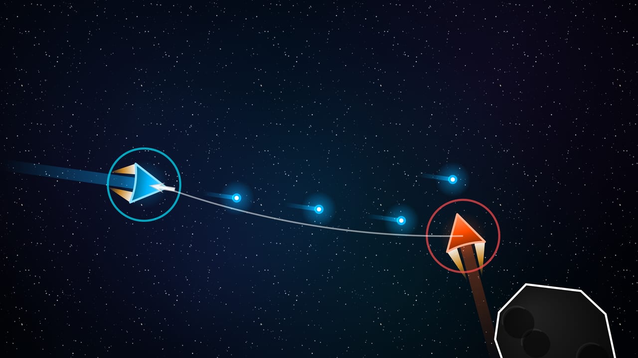 A Concordium ship leading its target, ion pulse rounds strung ahead of a climbing Bone Collector ship whose shield is taking the hit