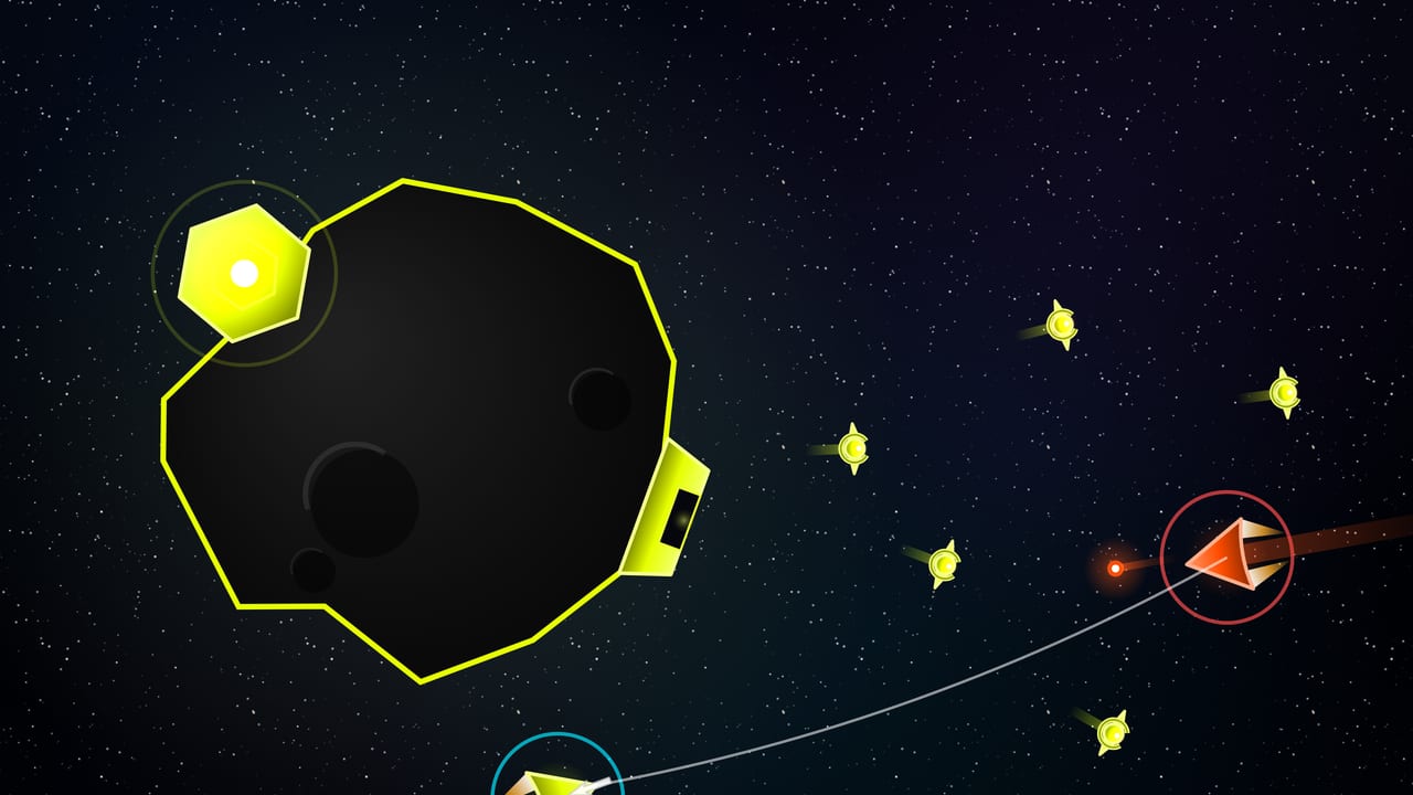 A Space Hangar on a claimed asteroid launching Guardian drones that arc out toward an intruding enemy ship