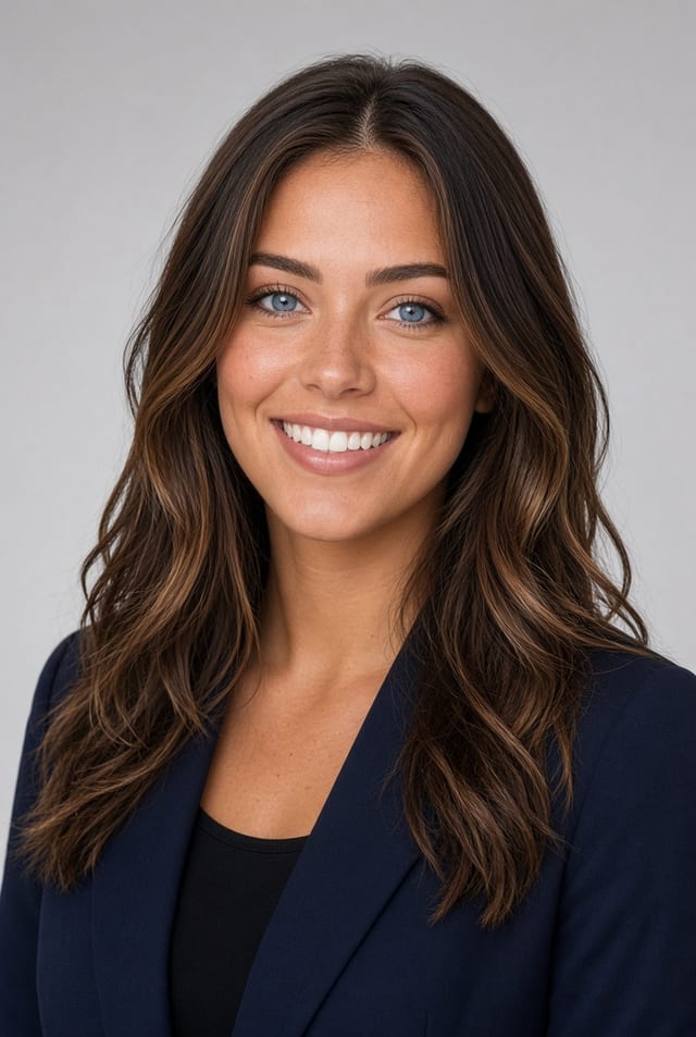 AI-generated studio portrait of a smiling woman with long brown hair, wearing a navy blazer against a plain gray backdrop