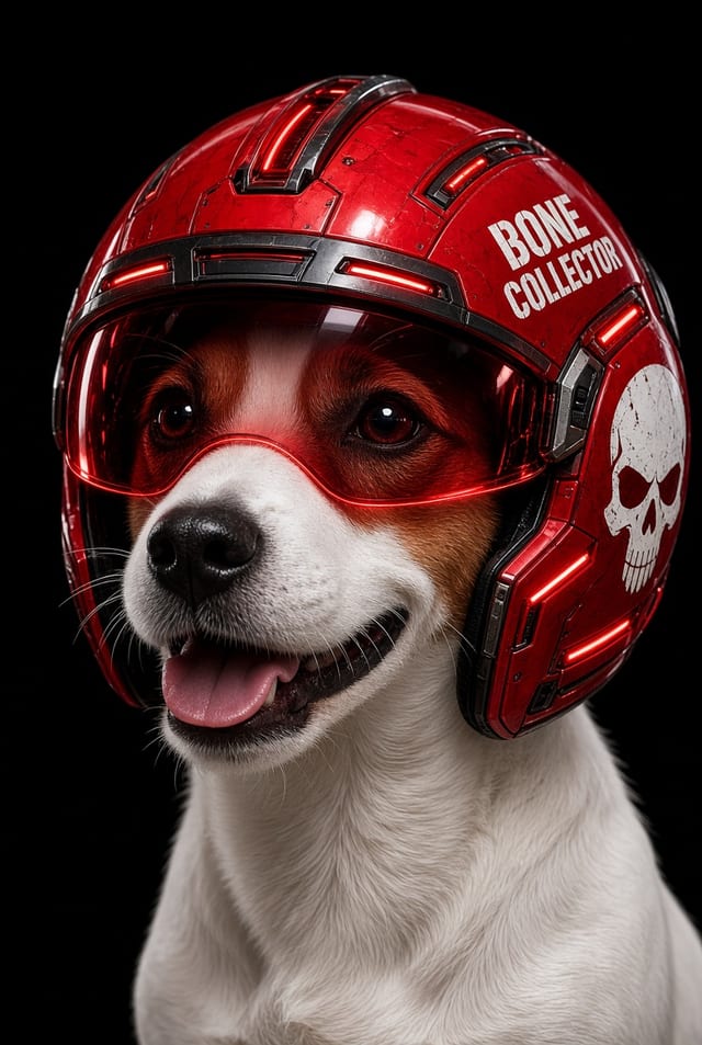 A Jack Russell terrier wearing a red Bone Collector flight helmet with a skull emblem and glowing red trim