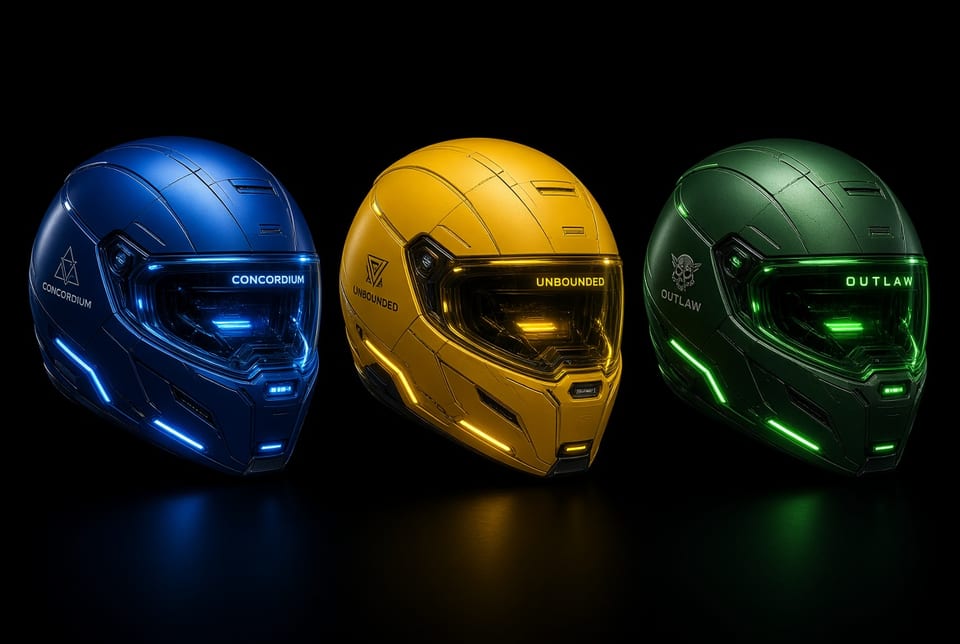 Three glowing faction flight helmets lined up on black - blue, yellow and green
