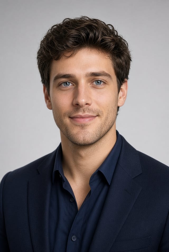 AI-generated studio portrait of a young man with dark curly hair, wearing a navy jacket against a plain gray backdrop