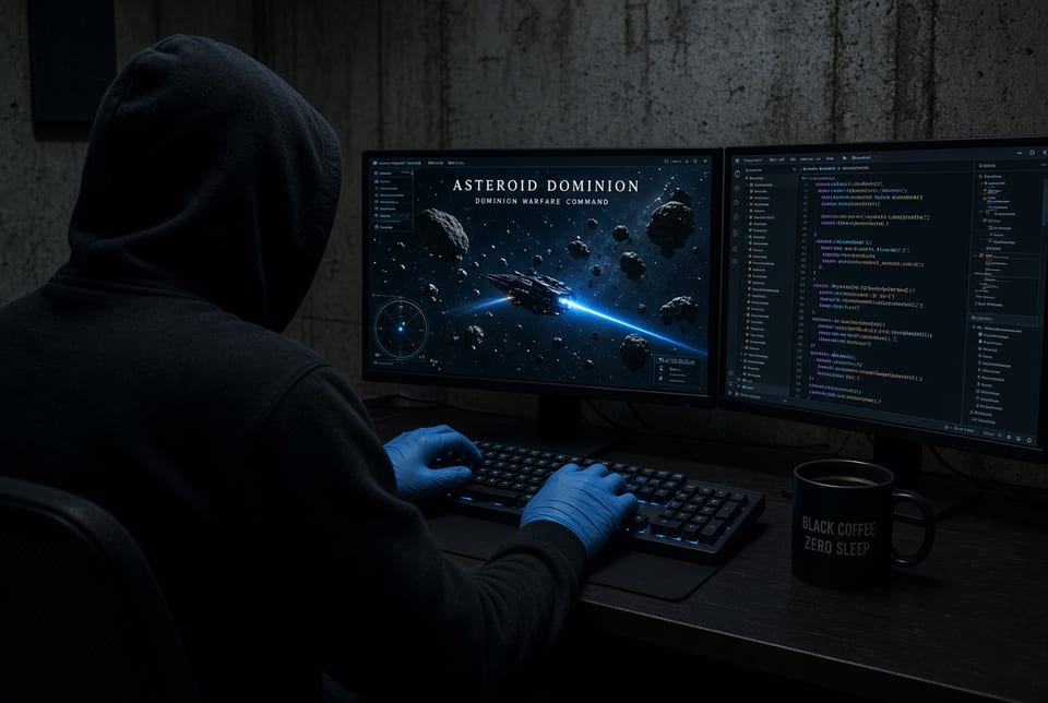 A hooded developer seen from behind at a dark desk, working across two monitors - one showing an Asteroid Dominion command screen, the other full of code