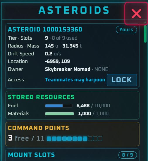 The asteroid base panel showing tier and mass, owner and lock state, stored fuel and materials, command points and mount slots