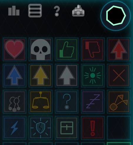 The emoji command panel open in Asteroid Dominion, twenty command buttons including follow me, hold, fuel, materials and the red alert